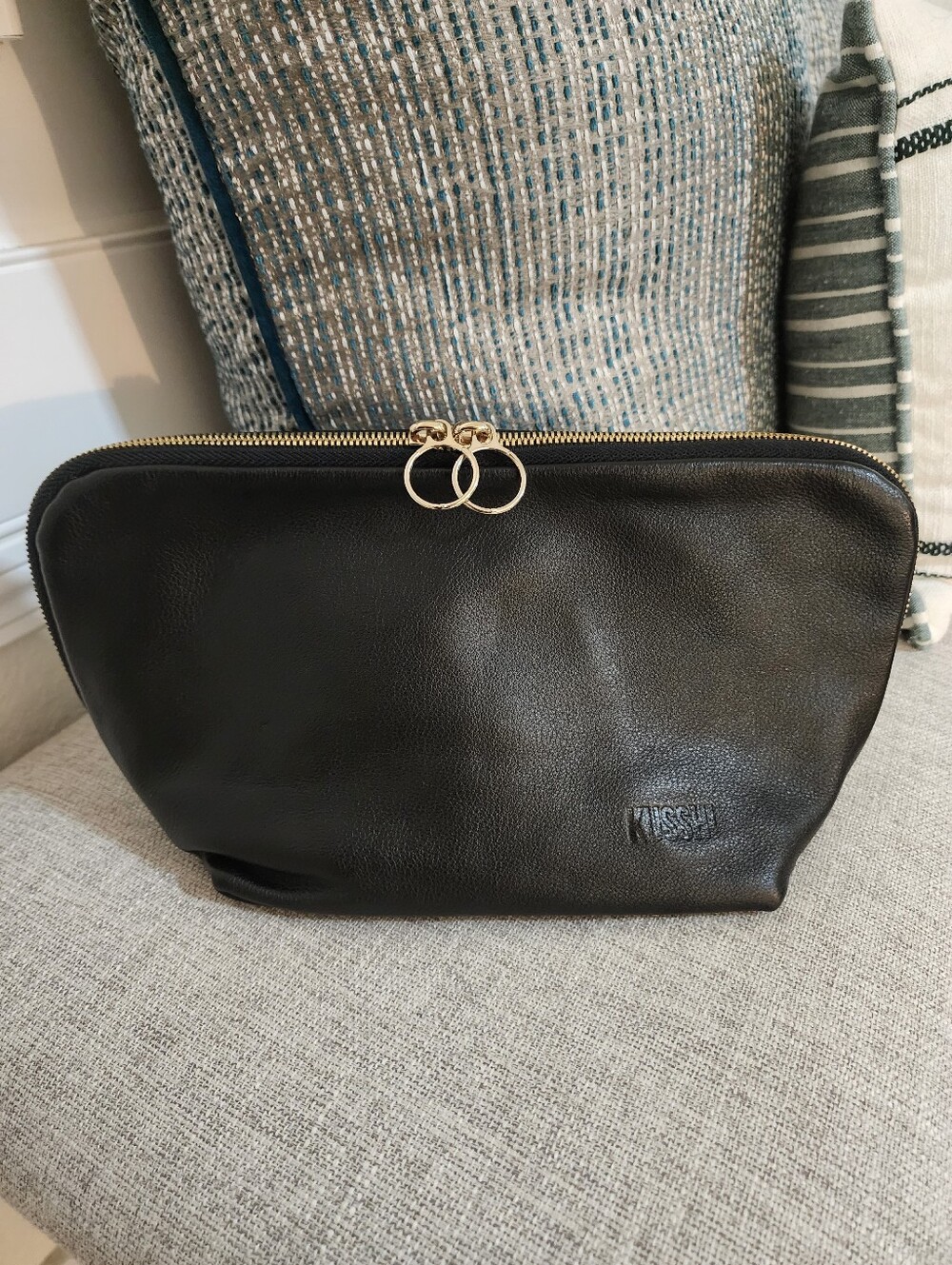 Kusshi, Black & Red Zip Cosmetic Bag,  with Gold Hardware-Genuine Leather